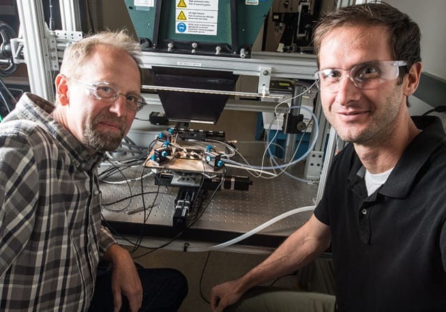 John Geisz and Ryan France built a solar cell that is nearly 50 percent efficient. (Image courtesy of Dennis Schroeder, NREL.)