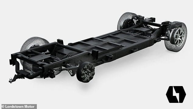 The chassis of Lordstown Motors’ Endurance pickup is conventional and design but takes advantage of the lack of a conventional driveline. (Image courtesy of Lordstown Motors.)