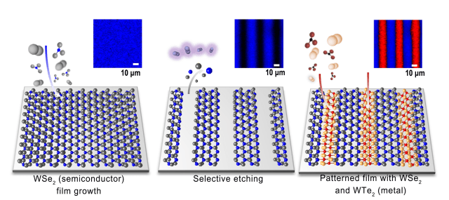 The image shows the step by step method, which starts with a film of semiconducting WSe2, followed by selective etching and growth of metal WTe2. (Image courtesy of Nature Nanotechnology.)