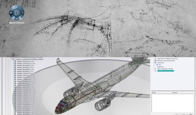 LEONARDO DA VINCI AND DASSAULT’S 3DEXPERIENCE. In this symbolic picture, Dassault illustrates its coupling with the “industry renaissance” concept by publishing one of Italian Renaissance universal genius Leonardo Da Vinci’s sketches of an “airplane” side by side with the modern CATIA/3DEXPERIENCE version.