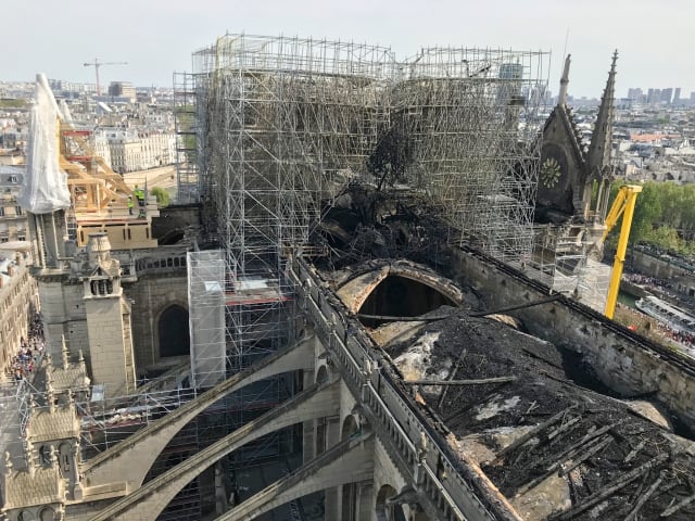 Post-fire exterior of the cathedral’s roof. (Photo credit: Etablissement Public pour la restauration de Notre-Dame de Paris.)