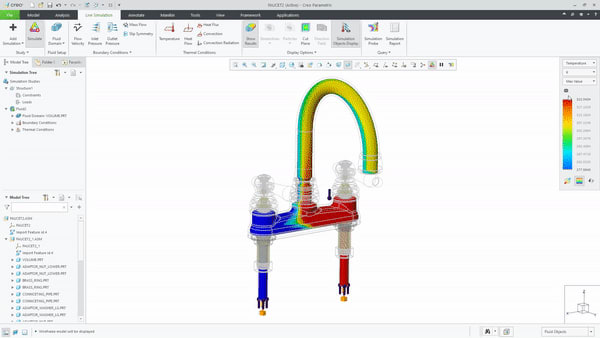 Creo 8 enhancements to Creo Simulation Live provide steady-state flow analysis for real-time simulation during the design process. New Creo Ansys Simulation tools enable improved mesh and deflection control for high-fidelity design validation. (Image courtesy of PTC.)