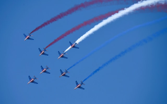 A demonstration from the Patrouille Acrobatique de France during the flying ceremony at Le Bourget Air Show (2019), a regular performance delivered by the French Air Force (Image courtesy of SIAE 2019 - Anthony Guerra & Alex Marc.)