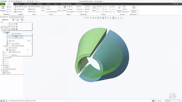 Screenshot of multibody design work in Creo 7. Note the option to set the highlighted body as a construction body. (Image courtesy of PTC.)