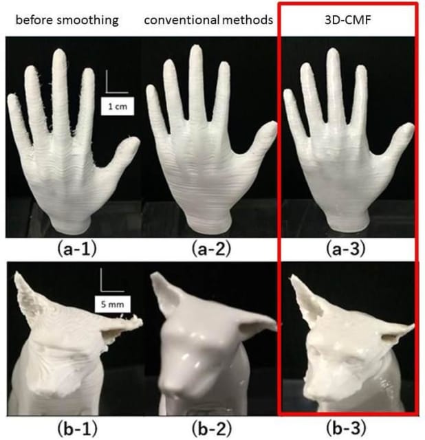 Visual comparison of printed surface before smoothing (1), with smoothing by conventional methods (2) and by 3D-CMF (3). CMF result (a-3) is more uniform than polishing (a-2), and CMF (b-3) accurately preserves more desired surface detail than solvent vapor method (b-2). (Image courtesy of Waseda University.)
