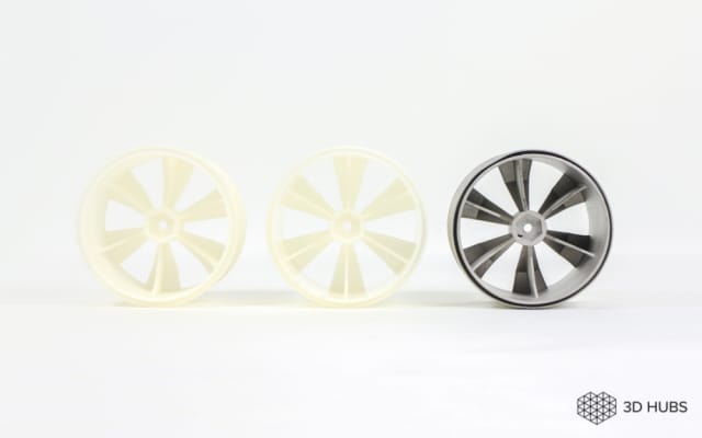 A metal part alongside the 3D-printed patterns required to created it via investment casting. (Image courtesy of 3D Hubs.)