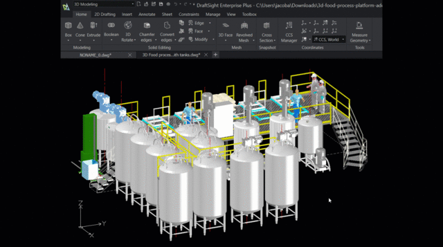 3D plant layout represented in DraftSight.