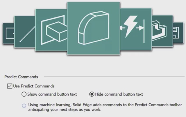 Solid Edge 2021 includes an AI UI that predicts the commands you’ll need next. If it’s anything like predictive text, it could be a mixed hag. (Image courtesy of Siemens.)