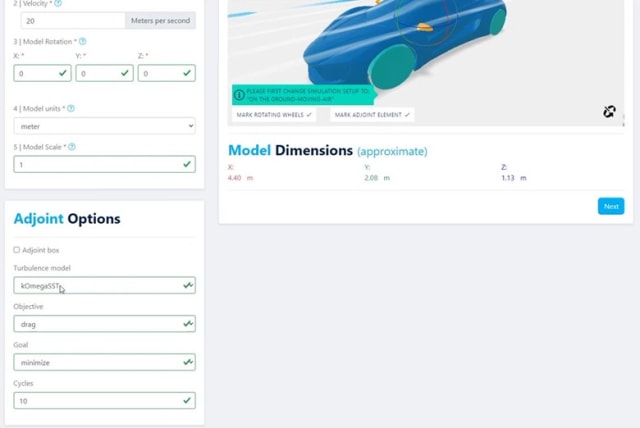 The adjoint solver options in the AirShaper user interface. (Image courtesy of AirShaper.)
