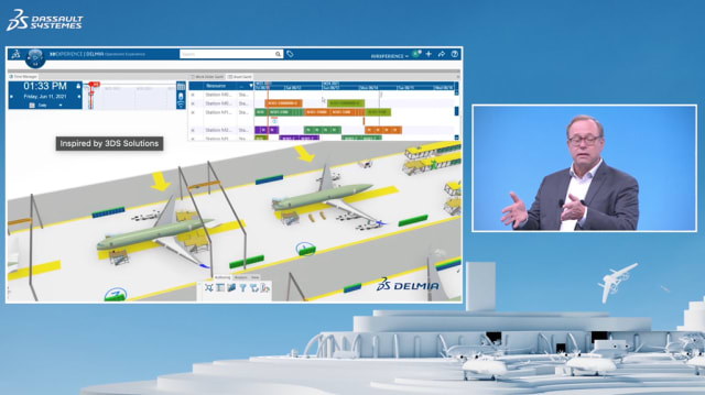 Guillaume Vendroux, DELMIA CEO at Dassault Systèmes, illustrated at a high level how to integrate change and simulate implication and issues on the assembly line, and how this links to supplier part scheduling and inventory control (Image courtesy of Dassault Systèmes.)