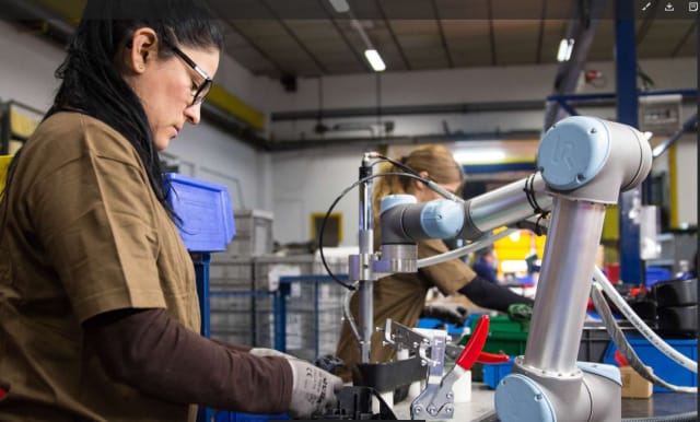 Adding cobots to a production line has long helped many UR customers address labor shortages, essentially by spreading out employees and have them collaborate with cobots as seen here at SHAD in Spain where cobots work in tandem with operators in the assembly of motorcycle accessories.
