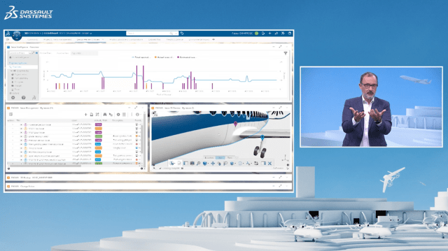 Morgan Zimmermann, NETVIVES CEO at Dassault Systèmes, described a specific scenario of sensor analysis, flight-based data captured from IoT devices, to drive predictive failure-mode analysis and maintenance requirement optimization (Image courtesy of Dassault Systèmes.)