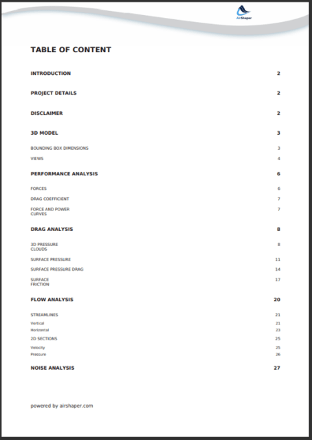 The Table of Contents from an automatically generated AirShaper simulation report. (Image courtesy of AirShaper.)