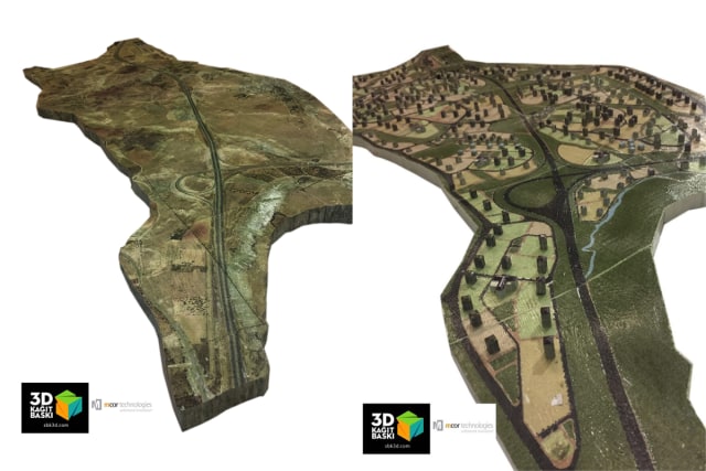 Side by side images of two 3D printed models made of a municipality in Turkey. On the left, the current state of the land and, on the right, the same area with buildings and other features representing city growth. (Image courtesy of Mcor and SBK3D Ltd.)