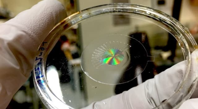 Photo of the metalens (made of silicon) mounted on a transparent, stretchy polymer film, without any electrodes. The colorful iridescence is produced by the large number of nanostructures within the metalens. (Image courtesy of the Capasso Lab/Harvard SEAS.)