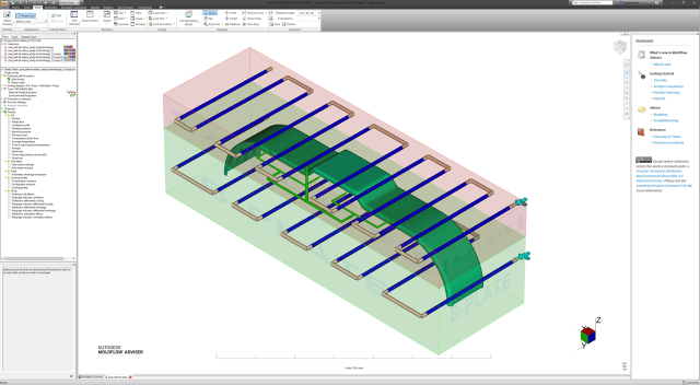A basic mold cooling circuit simulated with Moldflow Adviser. (Image courtesy of Autodesk.)