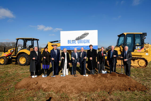 Pictured left to right: Greg Canfield, Alabama Secretary of Commerce; Kim Lewis, Huntsville/Madison County Chamber 2019 Board Chair; Huntsville Mayor Tommy Battle; Alabama Governor Kay Ivey; United Launch Alliance CEO Tory Bruno; Blue Origin CEO Bob Smith; Madison County Commission Chairman Dale Strong; U.S. Senator Doug Jones; U.S. Congressman Mo Brooks; Clayco CEO Bob Clark. (Image courtesy of Blue Origin.)