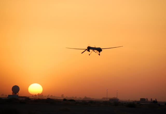 An Air Force Predator unmanned aerial vehicle, similar to those used by US Customs and Border Protection, goes out on patrol from Balad Air Base, Iraq. (Image courtesy of U.S. Air Force.)