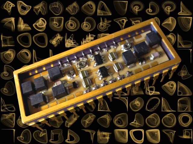 Many simple electronic systems can behave in a difficult to foresee, chaotic manner, as shown by researchers from the Institute of Nuclear Physics Polish Academy of Sciences in Cracow. The image shows a device built from two recently discovered oscillators. In the background are so-called attractors, illustrating the diversity and richness of behaviour of the new circuits. (Image courtesy of IFJ PAN.)