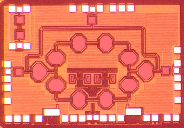 This is a chip microphotograph of the 25GHz fully-integrated non-reciprocal passive magnetic-free 45nm SOI CMOS circulator based on spatio-temporal conductivity modulation. (Image courtesy of Tolga Dinc/Columbia Engineering.)