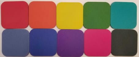 Sample chips from an HP 580 machine that can 3D print parts in color, eliminating the need for secondary painting. (Image courtesy of Fast Radius.)