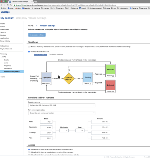 Example company release settings for Onshape’s new formal version control. (Image courtesy of Onshape.)