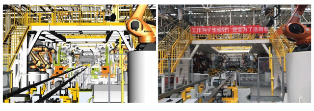 A digital twin of the Guangzhou MINO factory (left) next to its real counterpart (right). (Image courtesy of Siemens.)
