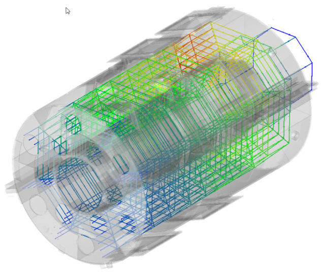 A CAD-integrated 3D flow network model that is designed within Flow Simulator to assess thermal management. The 1D elements are overlayed onto the 3D Geometry. (Image courtesy of Altair.)
