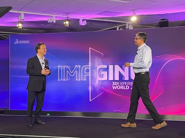 Welcome to the big stage. Manish Kumar (right) in his first public appearance as CEO of SOLIDWORKS, replacing Gian Paolo Bassi, who will be moving to the new role of EVP of 3DEXPERIENCE Works.