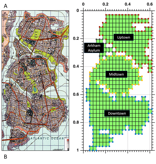 Layout of Gotham City and its corresponding finite element mesh. (Image courtesy of Hussam Mahmoud and Akshat Chulahwat/Colorado State University.)