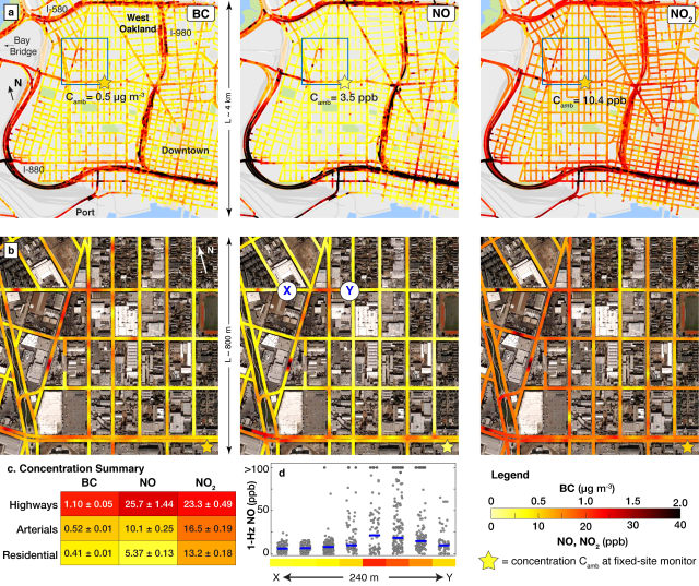 This figure shows high-resolution mapping of pollution after repeated driving in west Oakland and downtown Oakland. (Image courtesy of American Chemical Society.)