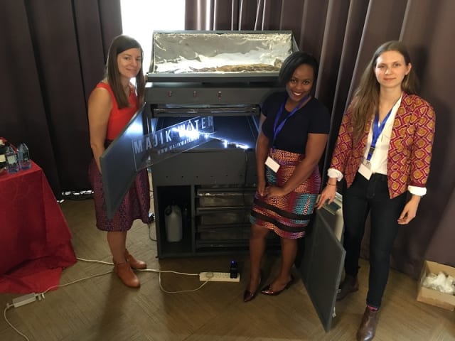 The team behind Majik Water: Beth Koigi (center), accompanied by Clare Sewell (left) and Anastasia Kaschenko (right). (Image courtesy of Majik Water.)