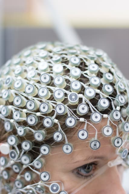 An electroencephalography (EEG) cap is for measuring brain activity on study participant. (Image courtesy of the Wyss Center.)