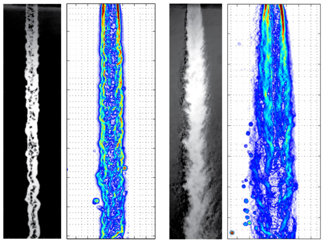 Shadowgraph images with PLIF density gradient maps of a subcritical injection into an environment of subcritical conditions compared with the two imaging results for injection with all conditions supercritical. (Image courtesy of DeSouza and Segal.)