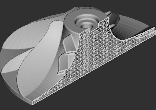 A propeller that is shelled and latticed to reduce material. Image created using one of nTopology’s sample files. (Image courtesy of Fast Radius.)