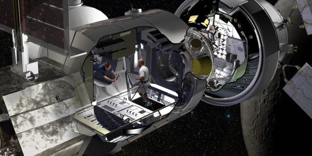 Lockheed Martin artist rendering of the NextSTEP habitat docked with Orion in cislunar orbit as part of a concept for the Deep Space Gateway.