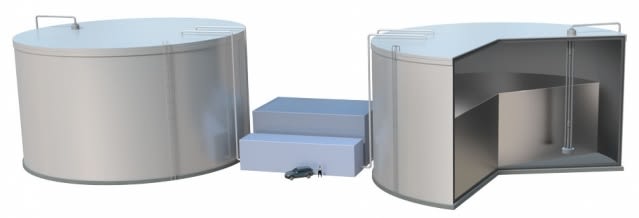 MIT researchers propose a concept for a renewable storage system, pictured here, that would store solar and wind energy in the form of white-hot liquid silicon, stored in heavily insulated tanks. (Image courtesy of MIT/Duncan MacGruer.)