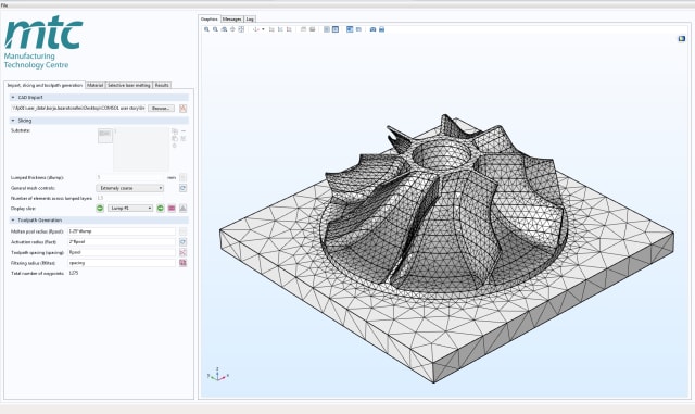 A COMSOL simulation app created by Manufacturing Technology Centre (MTC). The app enables MTC engineers to make design adjustments for additive manufacturing. (Image courtesy MTC.)