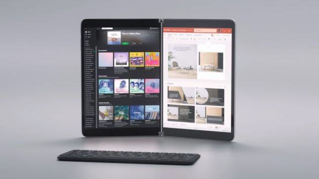 The larger device, known (at least for now) as Surface Neo, is a dual-screen device with a movable keyboard that attaches magnetically and charges wirelessly. You can place it over one of the screens, and it covers about two-thirds of that screen, leaving space for a virtual touchpad (at the bottom) or what Microsoft calls Wunderbar (at the top). The latter feature is sort of like a giant version of Apple's Touch Bar.