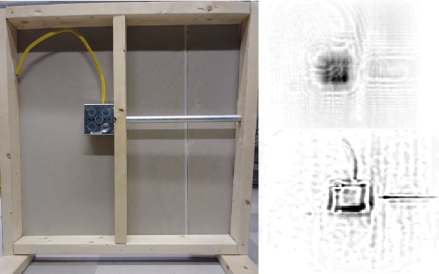 A view of a microwave scan of a typical wall interior before and after distortions have been removed. By taking into account the types of distortions typically created by flat, uniform walls, the new algorithm allows for better scans without needing to know what the wall is made of beforehand. (Image courtesy of Daniel Marks/Duke University.)