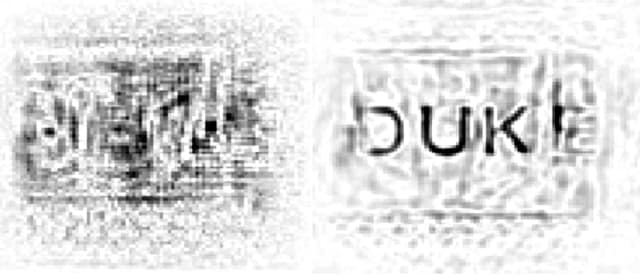 A view of a microwave scan of the Duke logo taken through a wall before and after distortions have been removed. By taking into account the types of distortions typically created by flat, uniform walls, the new algorithm allows for better scans without needing to know what the wall is made of beforehand. (Image courtesy of Daniel Marks/Duke University.)