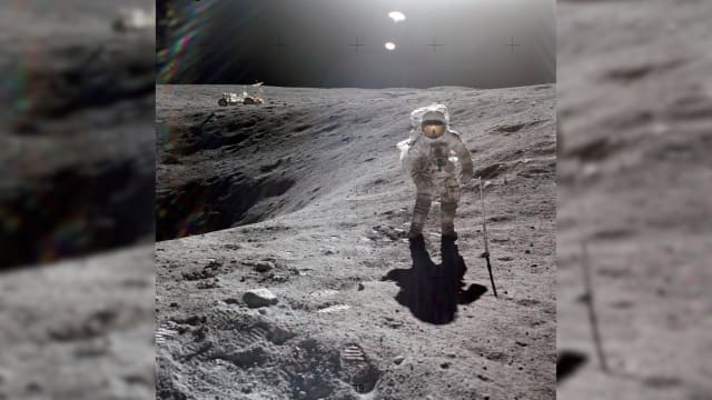 Charles Duke, Apollo 16 lunar module pilot, collecting lunar samples at the Descartes landing site. (Image credit: NASA.)