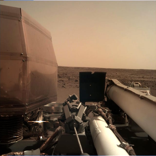 NASA's InSight Mars lander acquired this image on Day 1 (Sol 0) of the mission, using its robotic arm-mounted, Instrument Deployment Camera (IDC). (Image courtesy of NASA.)
