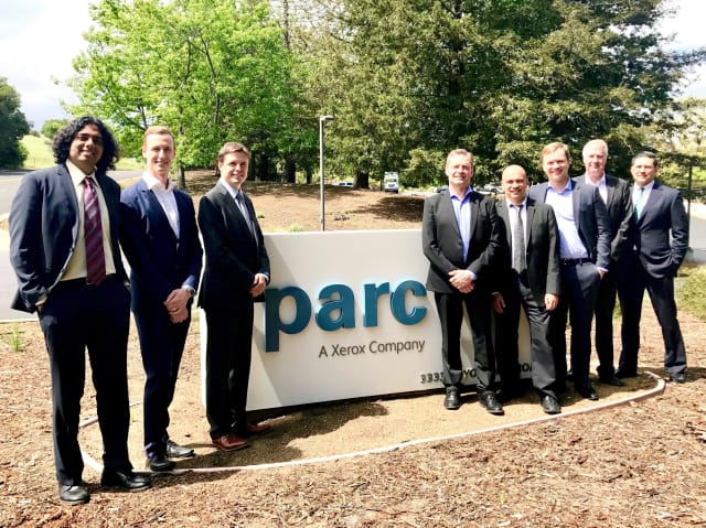 From left to right: Saigopal Nelaturi (area manager, computation for automation in systems engineering) PARC, Janni Weber (senior project manager) Sandvik Coromant, Mats Bergstrom (managing director, global business operations and program manager for digital design and manufacturing) PARC, Magnus Ekbäck (VP and head of business development and digital machining) Sandvik Coromant, Tolga Kurtoglu (CEO) PARC, Markus Larsson (VP of global business operations) PARC, Mats Allard (project manager virtual machining) Sandvik Coromant, Michael Waltrip (senior director, intellectual property management and commercialization) PARC. (Image courtesy Sandvik Coromant.)