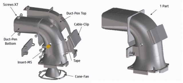 An example of part reduction in which a traditional air duct assembly is printed as a single component. Illustration provided by HP. (Image courtesy of Fast Radius.)