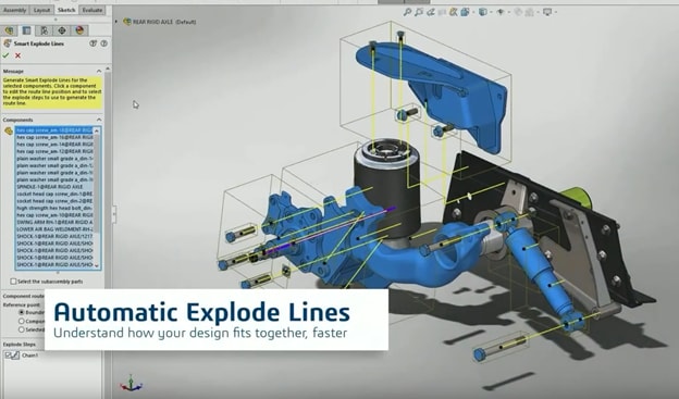 For assemblies, SOLIDWORKS 2022 now automatically adds explode lines.