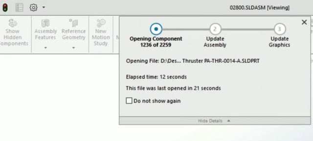 The time it takes to open large assemblies has improved with SOLIDWORKS 2022, and there is more information (progress and diagnostics) are provided during the opening.