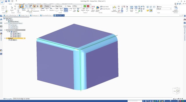 Figure 8. Stitched and filleted surface commands.