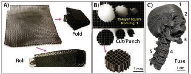 With Shah’s platform, it is possible to create flexible graphene structures (A), to cut smaller graphene objects from larger ones (B), and create highly detailed objects or fuse multiple parts together (C). (Image courtesy of the Shah TEAM Lab and Northwestern University.)