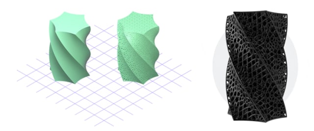 Twisting lattice structure featuring curved surfaces, flat surfaces and sharp edges simulated in the Carbon Design Engine (left). Final product (right). (Images courtesy of Carbon.)